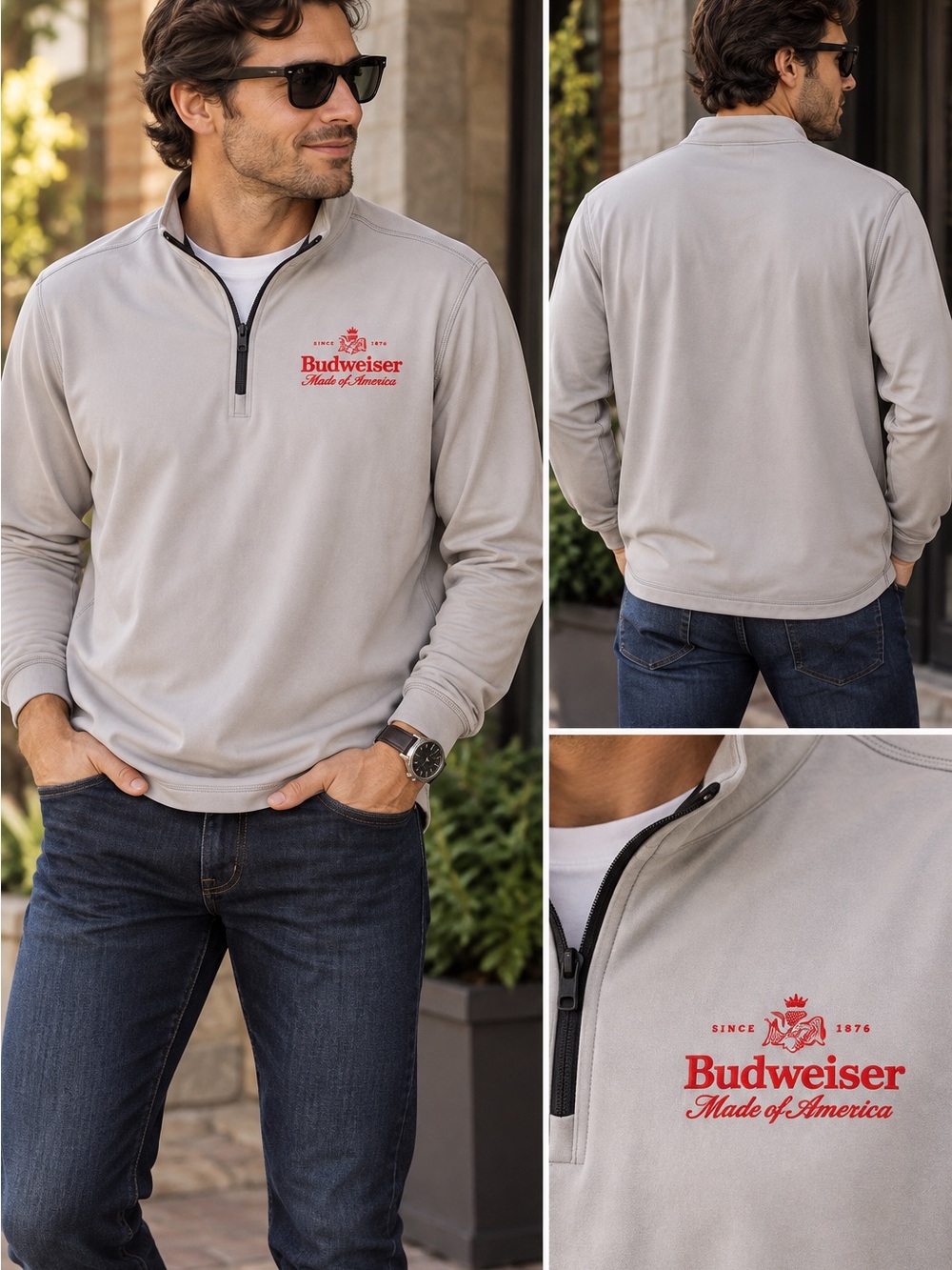 Greyson Men’s M Budweiser Gray Quarter Zip Golf Pullover